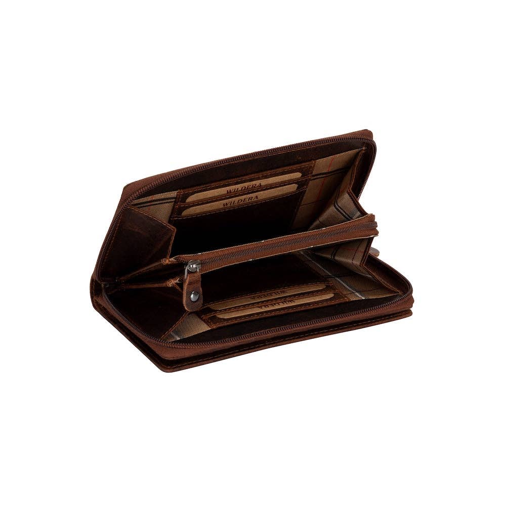 Wildera Leather “Aurora” Ladies’ Long Leather Wallet – Zip-Around RFID Wallet in Sandel