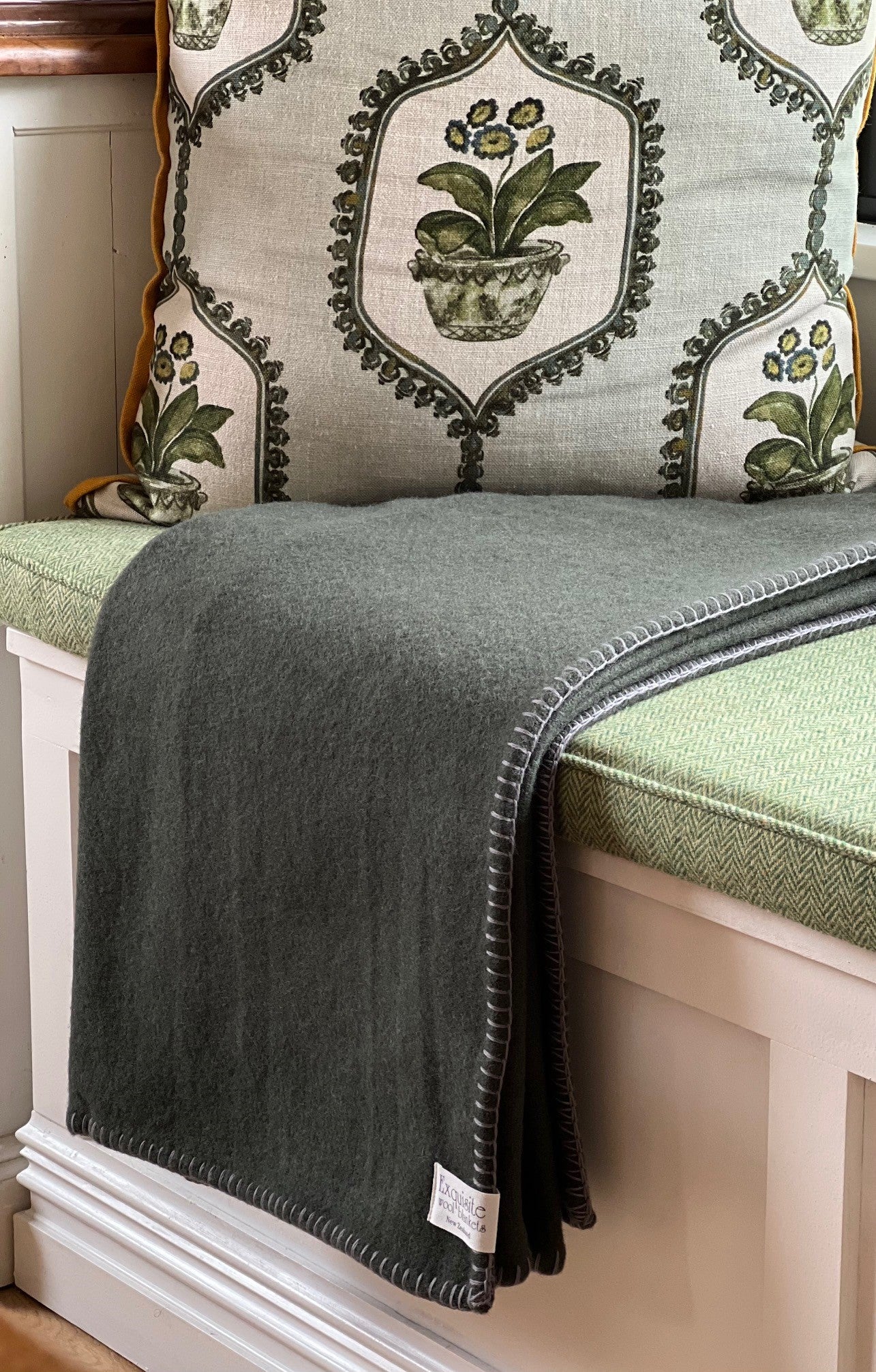 Forest Green NZ Wool Blanket Stitch Throw