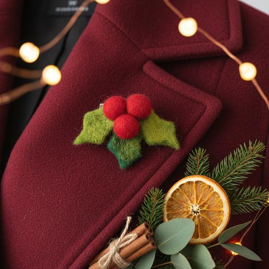 Handmade Felt Fair trade Holly Brooch Christmas Accessory