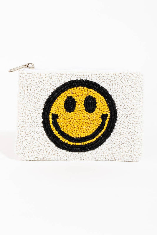 White Seed Beaded Smiley Face Coin Purse