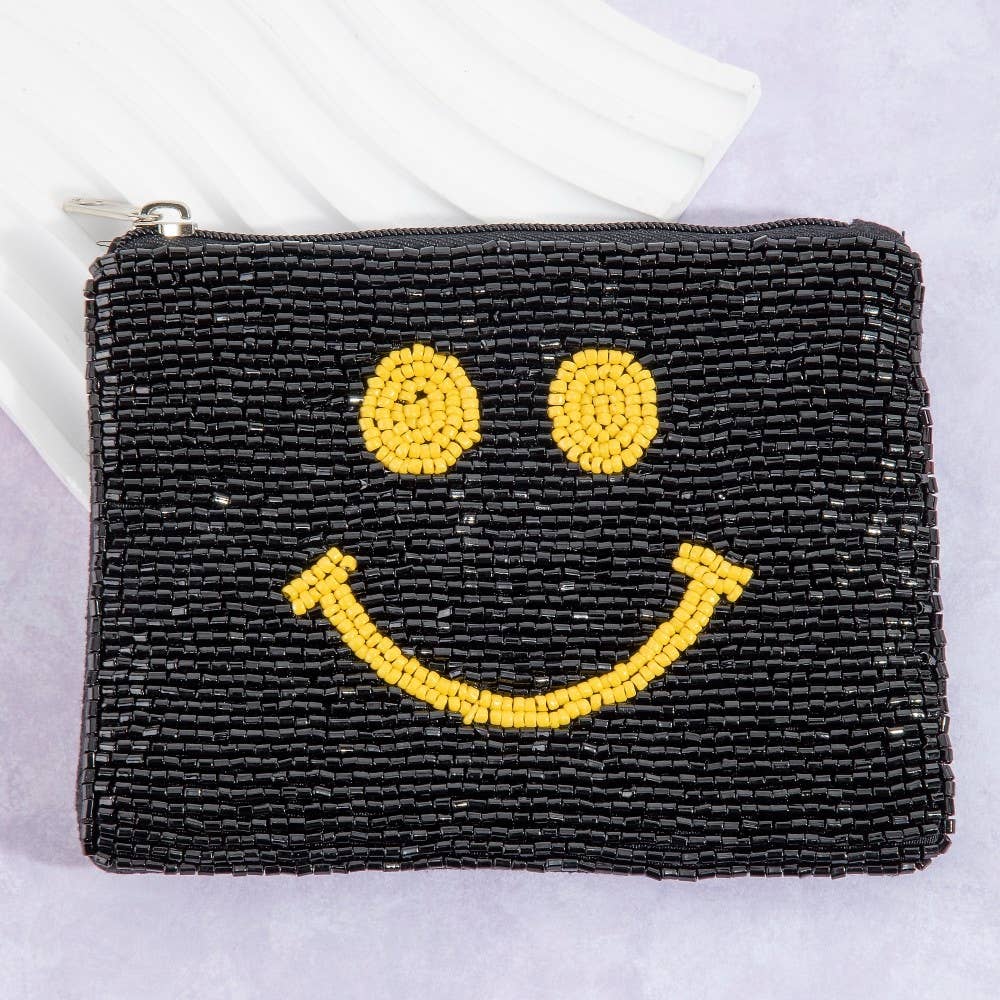 Yellow Smiley Face Seed Beaded Coin Purse