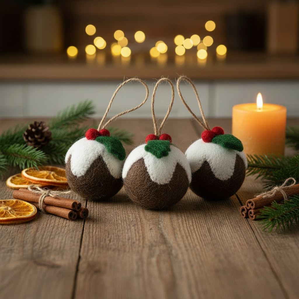 Handmade Felt Christmas Pudding Baubles Hanging Decoration