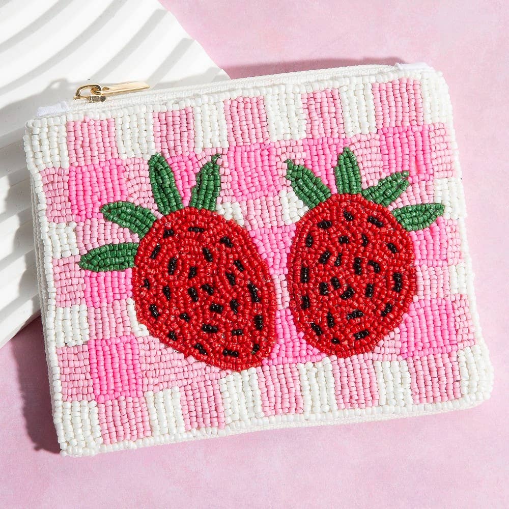 Seed Beaded Double Strawberry Coin Purse