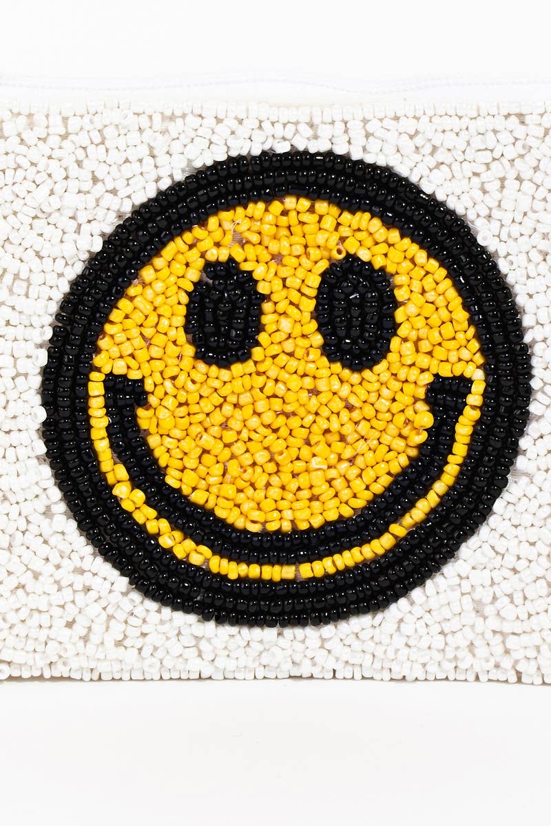 White Seed Beaded Smiley Face Coin Purse