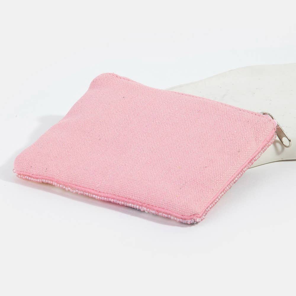 Smiley Flowers And Wavy Stripes Seed Beaded Coin Purse