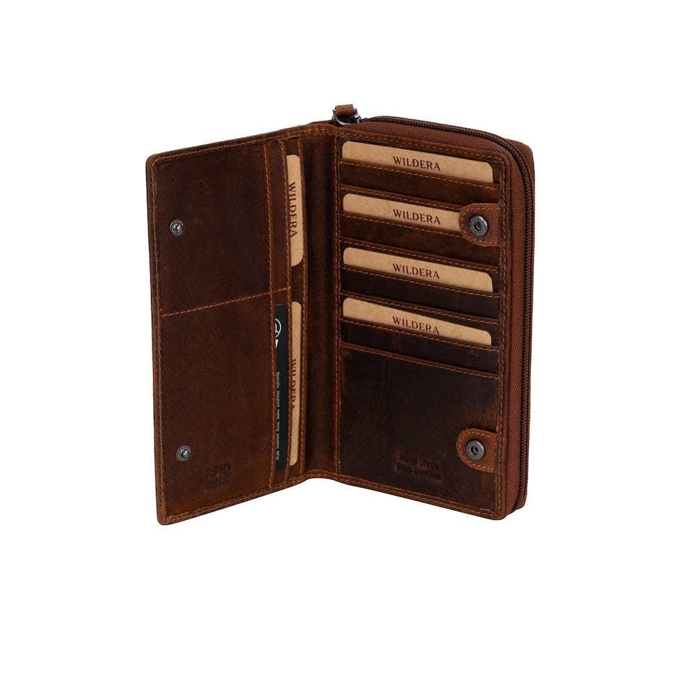 Wildera Leather “Aurora” Ladies’ Long Leather Wallet – Zip-Around RFID Wallet in Sandel