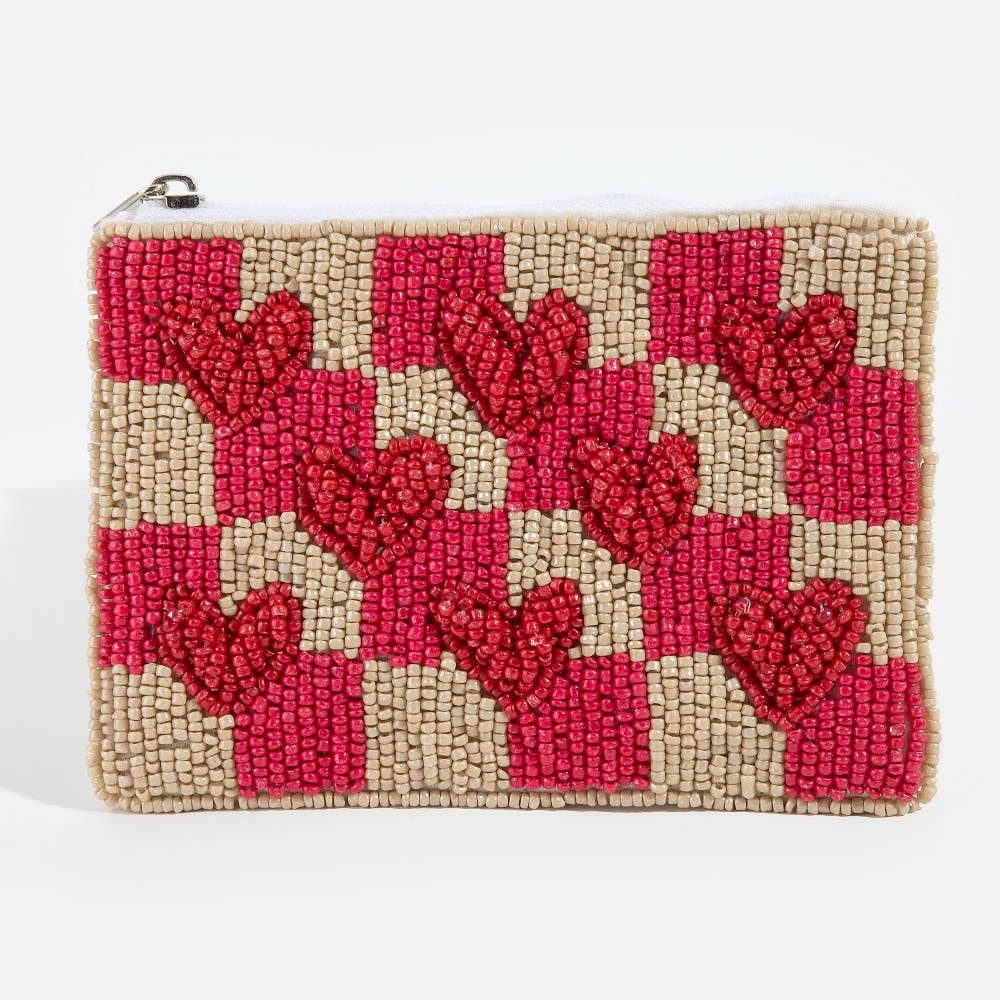 Hearts Checkered Seed Beaded Coin Purse