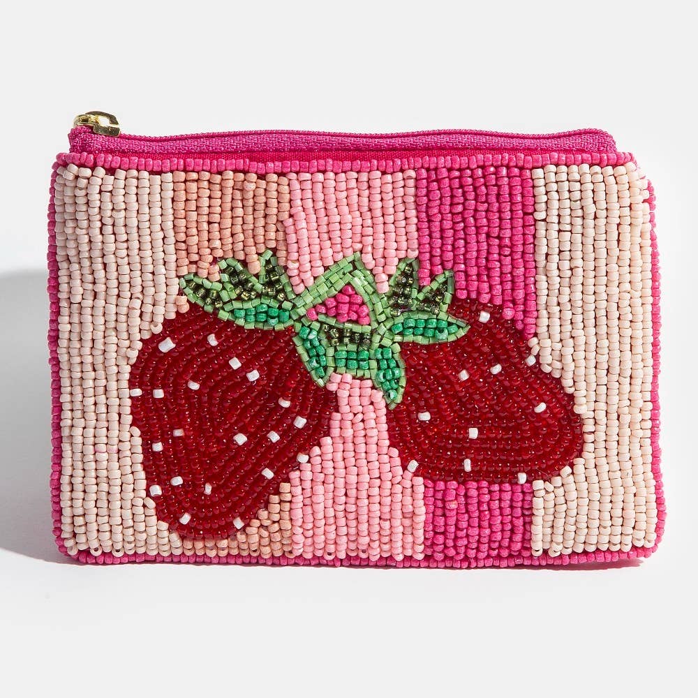 Double Strawberry Striped Seed Beaded Coin Purse