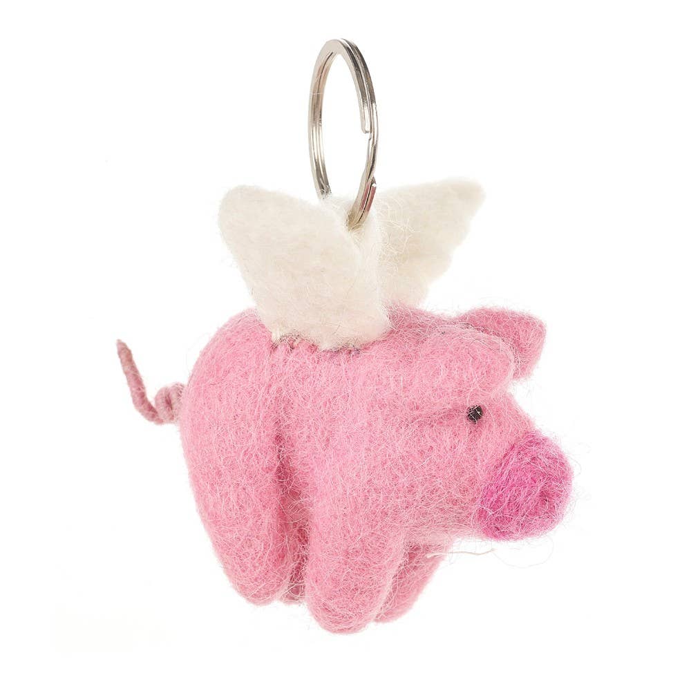 Handmade Fair trade Needle Felt Flying Pig Keyring