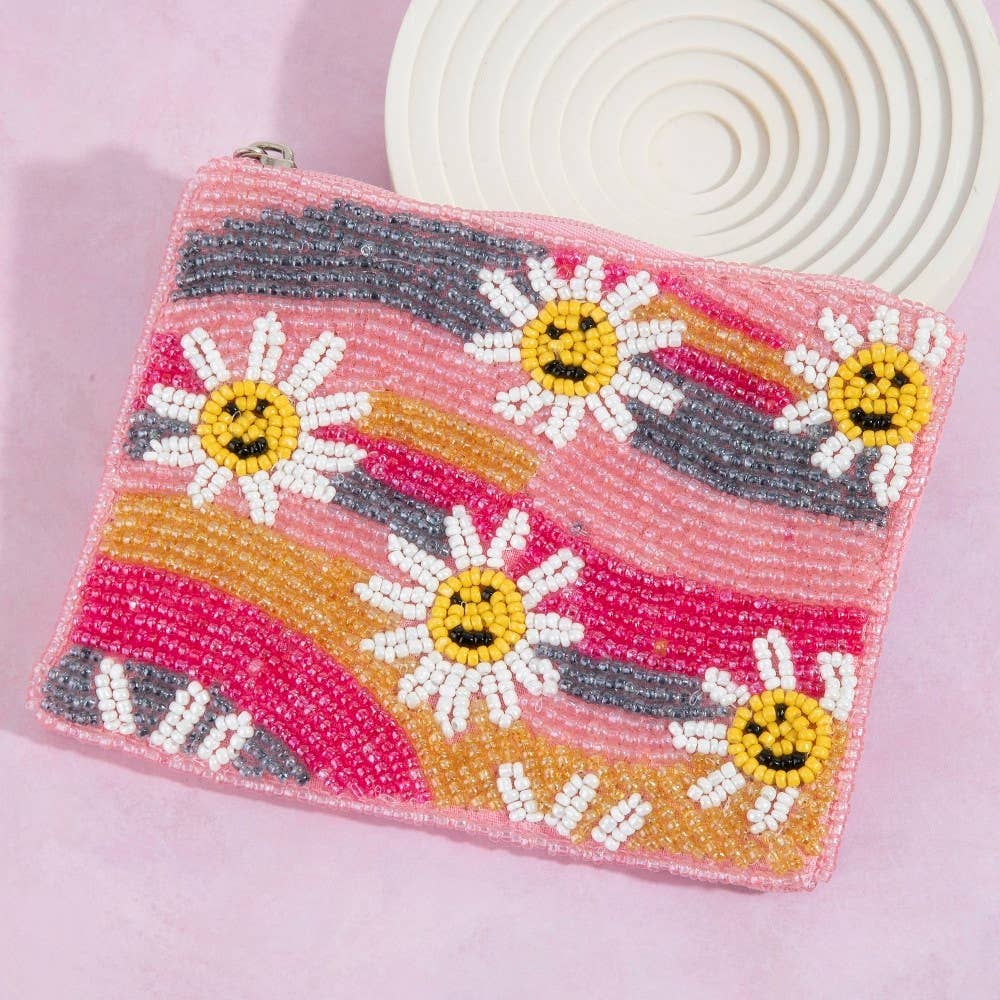 Smiley Flowers And Wavy Stripes Seed Beaded Coin Purse