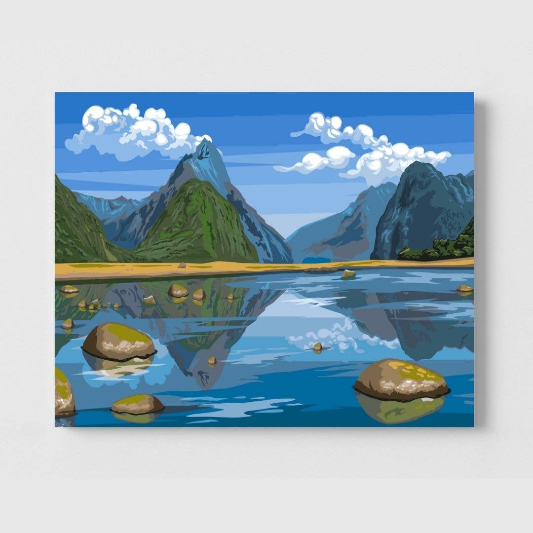 Scenic painting of Milford Sound, New Zealand, showing mountains reflected in water with clouds above