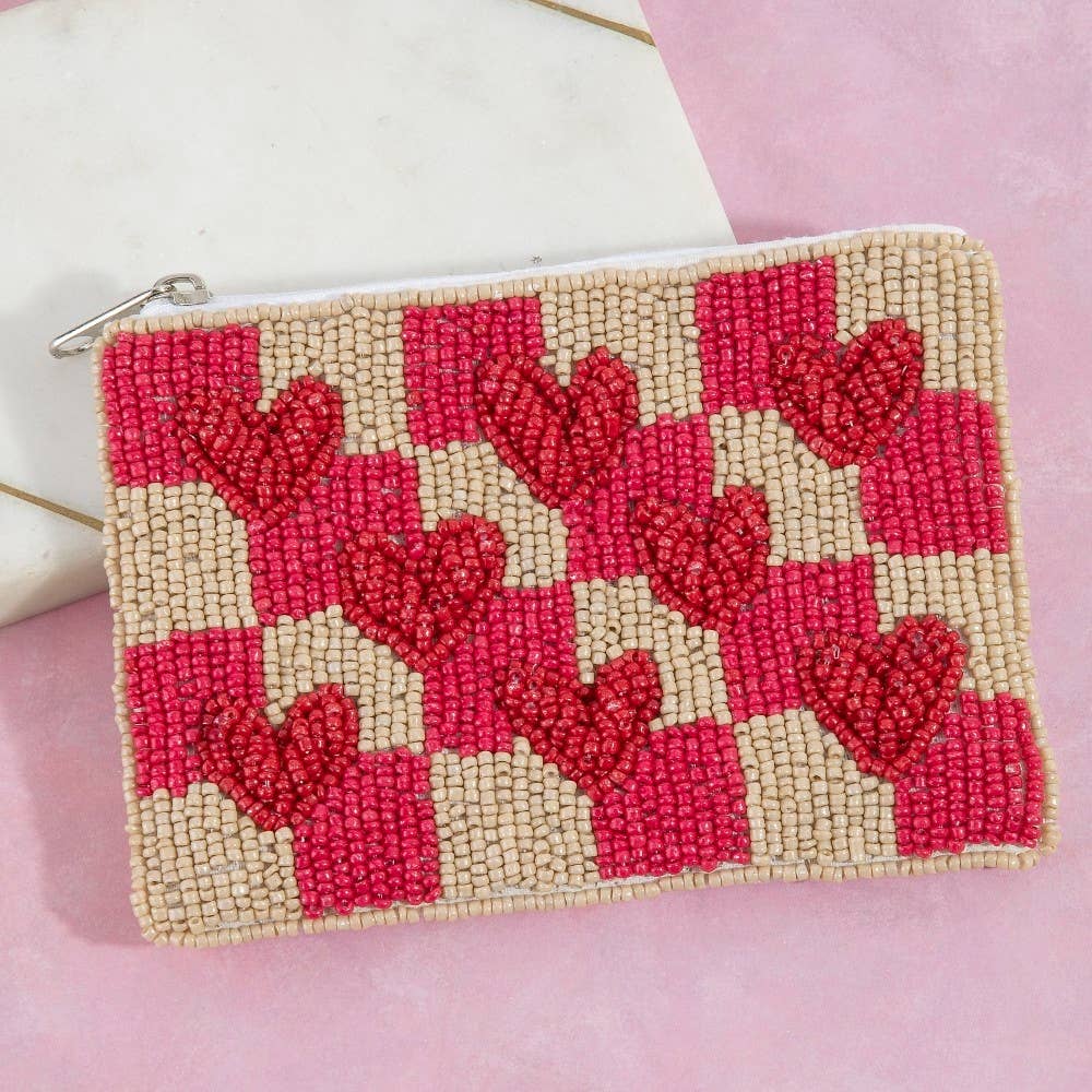 Hearts Checkered Seed Beaded Coin Purse