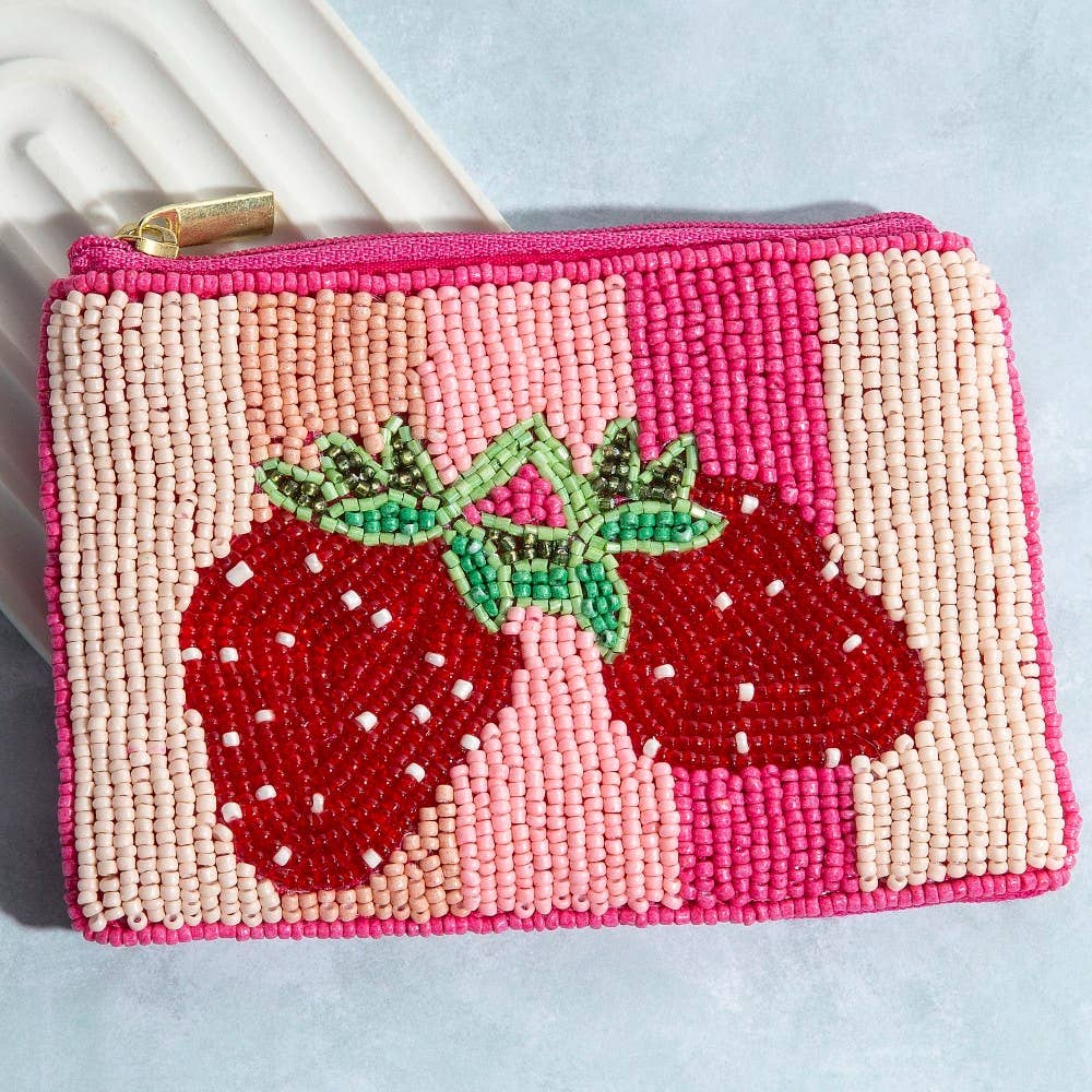 Double Strawberry Striped Seed Beaded Coin Purse