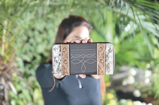 Cowhide & Tooling Leather Boot Stitch Zip Wallet