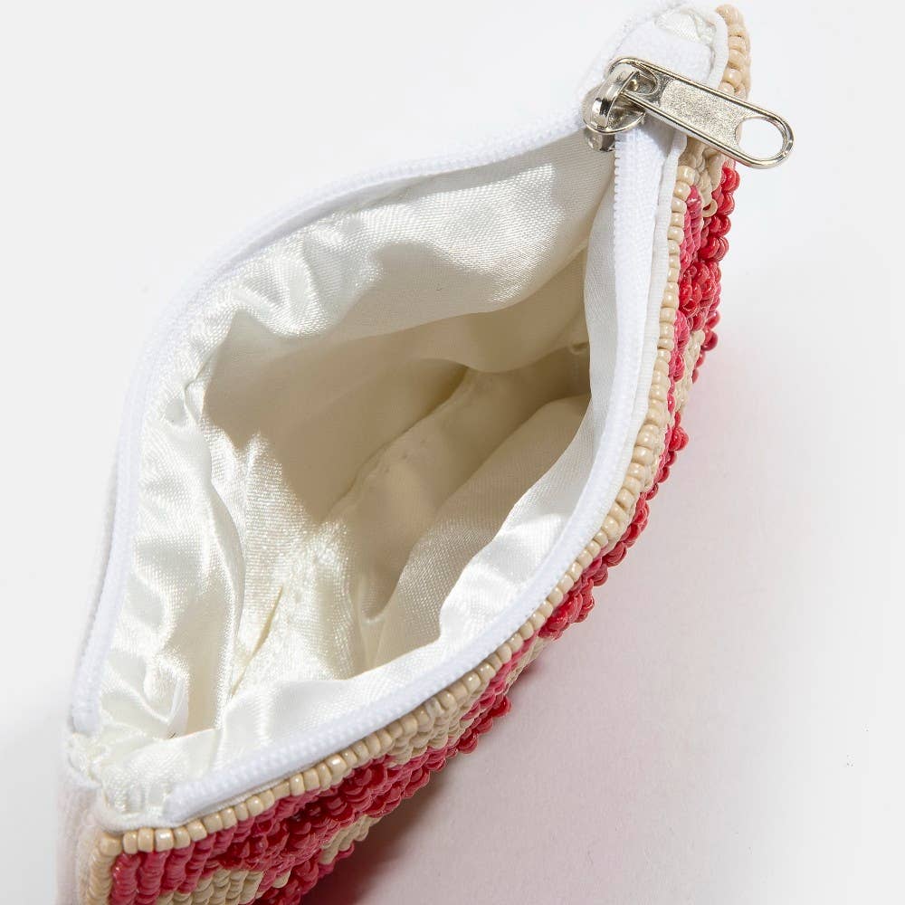 Hearts Checkered Seed Beaded Coin Purse