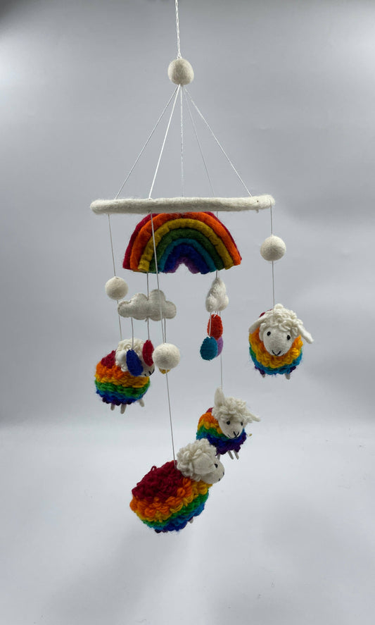 Handmade Felt Rainbow Knoted Sheep Mobile Room Decoration 