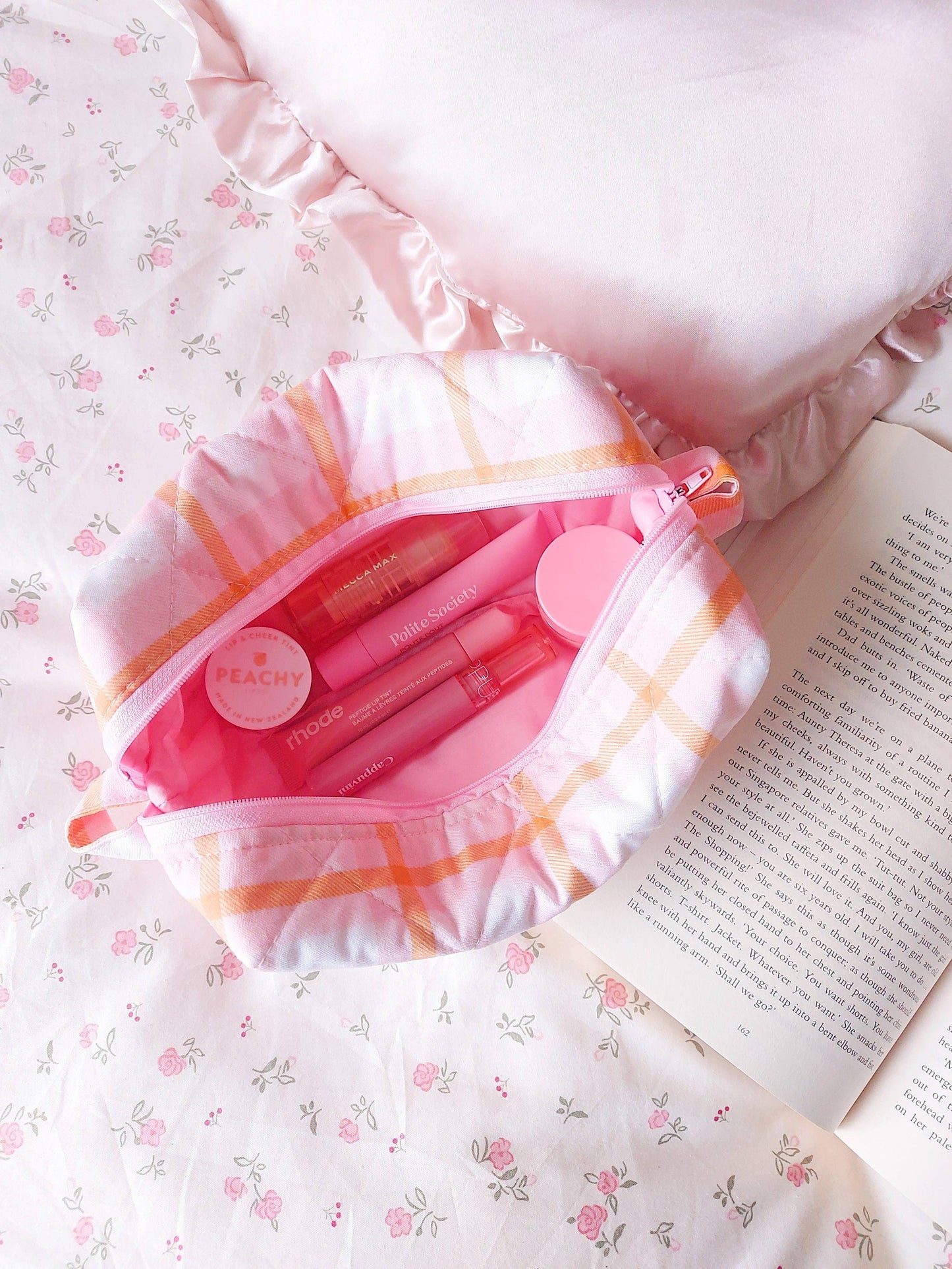 Quilted Makeup Bag- Pink/Orange Plaid