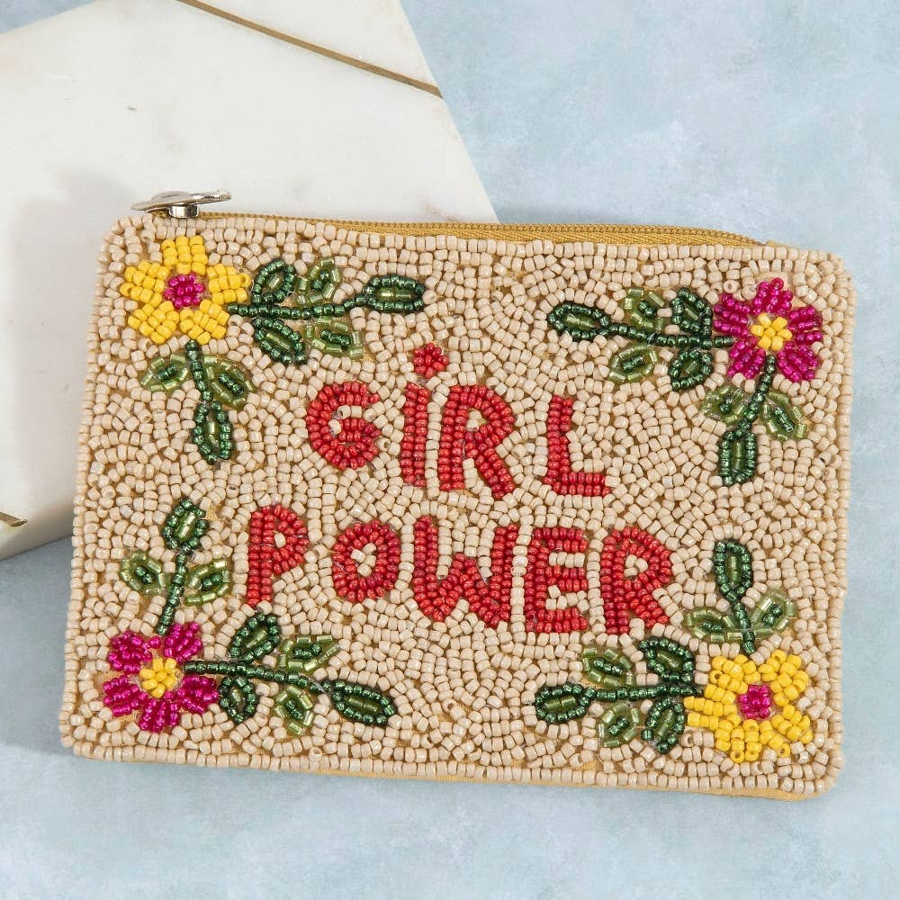 Floral Border Girl Power Seed Beaded Coin Purse